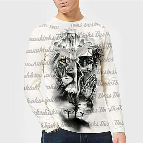 

Men's Unisex Tee T shirt Shirt 3D Print Graphic Prints Lion Print Long Sleeve Daily Tops Casual Designer Big and Tall White