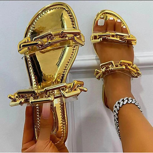

Women's Sandals Flat Heel Round Toe Square Toe PU Solid Colored Gold Rainbow Black