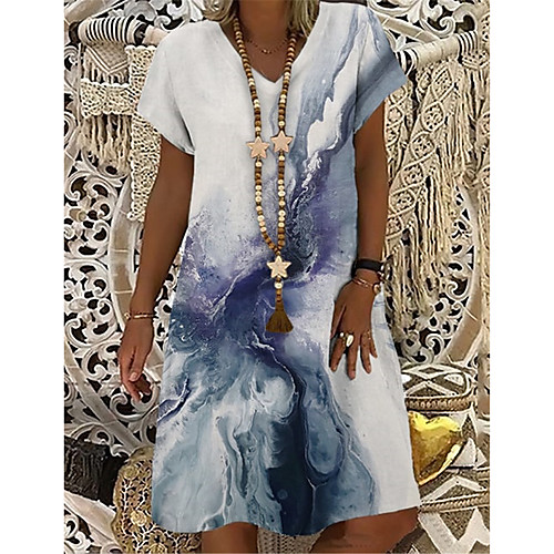 

Women's T Shirt Dress Tee Dress Knee Length Dress White Short Sleeve Print Color Gradient Print Spring Summer V Neck Casual Holiday 2021 S M L XL XXL 3XL