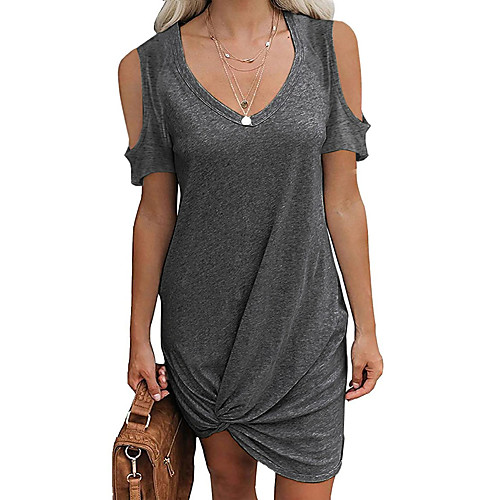 

Women's T Shirt Dress Tee Dress Short Mini Dress Light Blue Navy Light Grey White Black Dark Gray Short Sleeve Solid Color Hollow Out Ruched Spring Summer V Neck Basic Casual 2021 S M L XL 2XL