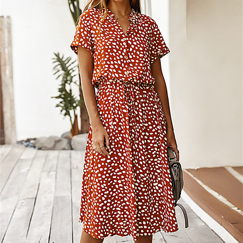 

Women's Shirt Dress Midi Dress Orange White Short Sleeve Dot Ruched Spring Summer Collar Basic Casual 2021 S M L XL