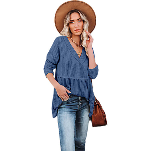 

Women's Blouse Shirt Plain Long Sleeve Flowing tunic V Neck Basic Streetwear Tops Blue Green Light Green