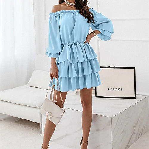 

Women's Tiered Dress Short Mini Dress Light Blue Blushing Pink khaki Black Red Violet 3/4 Length Sleeve Solid Color Ruched Ruffle Spring Summer Off Shoulder Elegant Sexy 2021 S M L XL 2XL