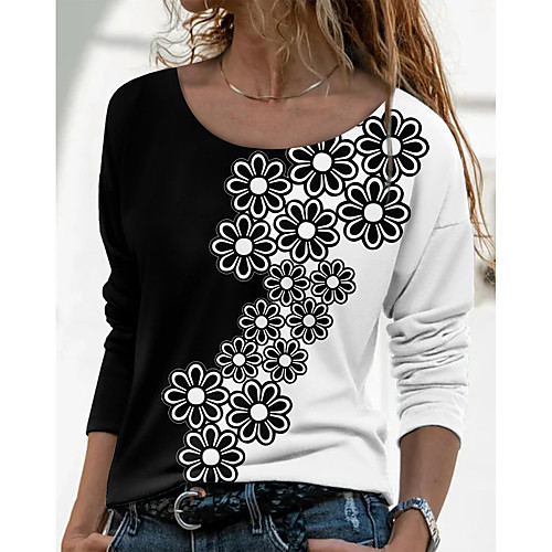 

Women's Floral Theme Painting T shirt Floral Color Block Long Sleeve Print Round Neck Basic Tops Black