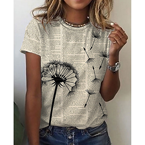 

Women's Floral Theme Painting T shirt Text Dandelion Print Round Neck Basic Tops Yellow