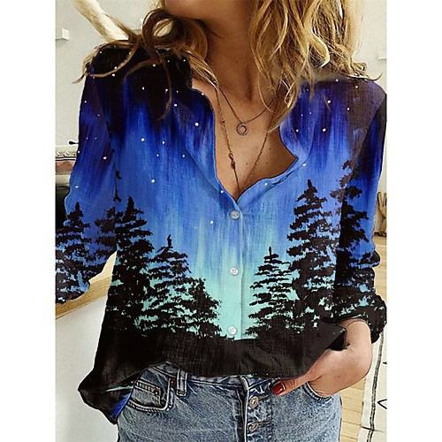 

Women's Floral Theme 3D Printed Blouse Shirt Scenery 3D Long Sleeve Button Print Shirt Collar Basic Tops Blue Purple Blushing Pink