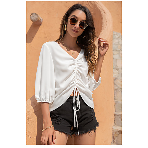 

Women's Blouse Shirt Plain Drawstring V Neck Basic Streetwear Tops Blue White Black