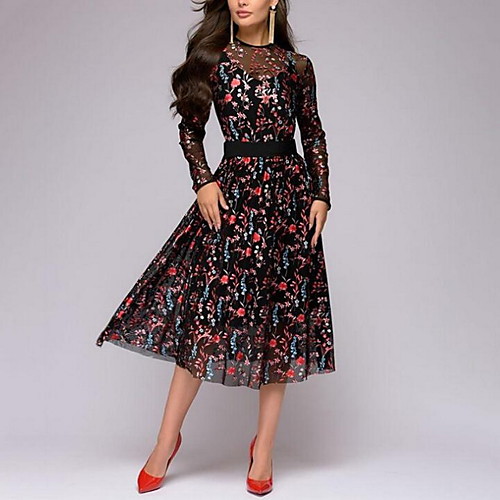 

Women's A Line Dress Midi Dress Black Long Sleeve Print Print Summer Round Neck Casual 2021 S M L XL XXL