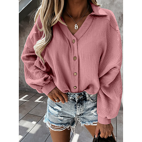 

Women's Blouse Shirt Plain Long Sleeve Button Shirt Collar Basic Streetwear Tops Orange Red Light Blue