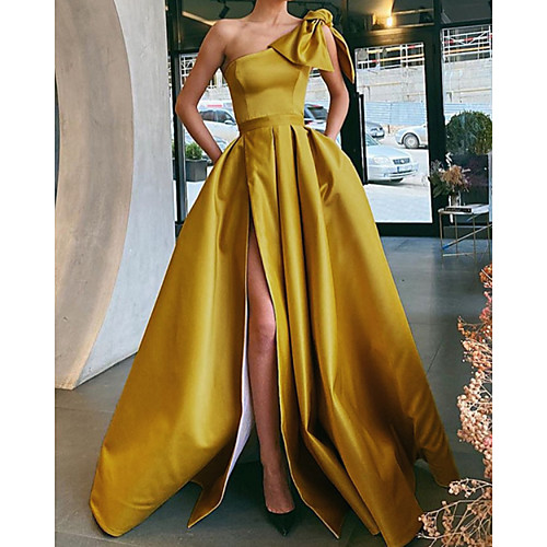 

A-Line Vintage Sexy Party Wear Formal Evening Dress One Shoulder Sleeveless Sweep / Brush Train Satin with Bow(s) Pleats Split 2021