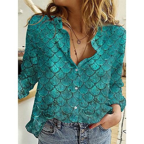 

Women's Blouse Shirt Graphic Fish Long Sleeve Button Print Shirt Collar Basic Tops Green