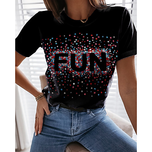 

Women's Abstract T shirt Text Print Round Neck Basic Tops Black