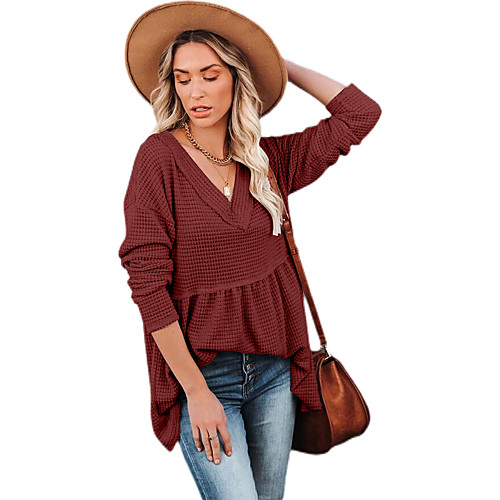 

Women's Blouse Shirt Plain Long Sleeve Flowing tunic V Neck Basic Streetwear Tops Wine White Black