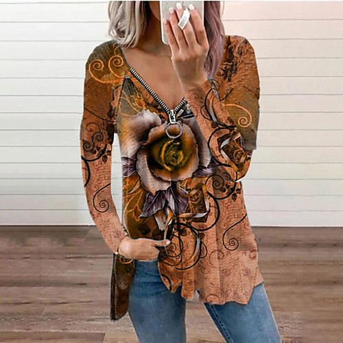 

Women's Blouse Shirt Floral Butterfly Long Sleeve Zipper V Neck Tops Blue Purple Khaki