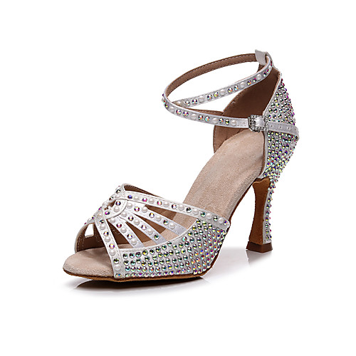 

Women's Latin Shoes Heel Crystal / Rhinestone Flared Heel Peep Toe Beige Silver Cross Strap Adults Adults' Glitter Crystal Sequined Jeweled