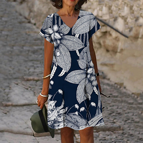 

Women's A Line Dress Knee Length Dress Blue Short Sleeve Floral Print Summer V Neck Casual 2021 S M L XL XXL 3XL
