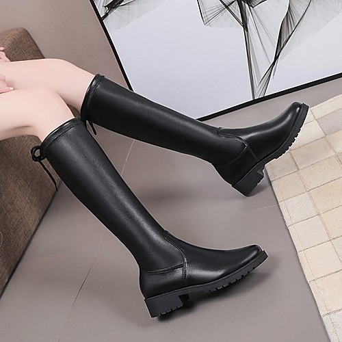 

Women's Boots Flat Heel Round Toe Knee High Boots PU Solid Colored Black