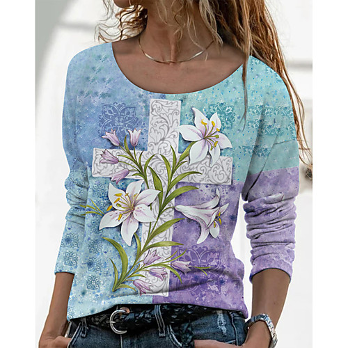 

Women's Floral Theme Painting T shirt Floral Color Block Long Sleeve Print Round Neck Basic Tops Blue