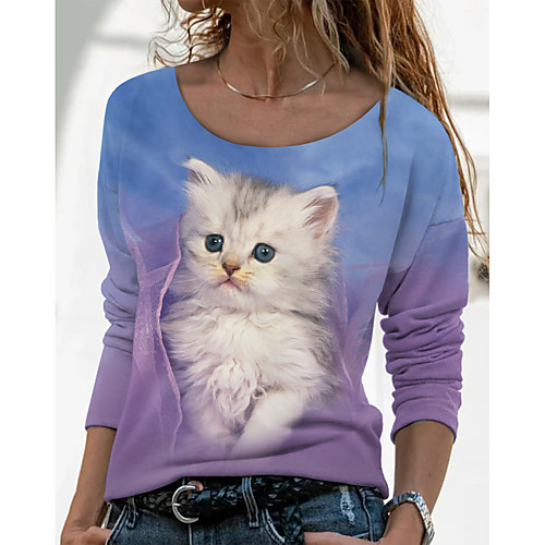 

Women's 3D Cat Painting T shirt Cat 3D Animal Long Sleeve Print Round Neck Basic Tops Purple