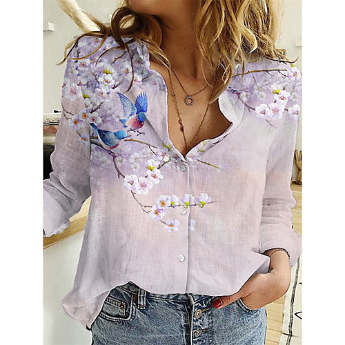 

Women's Floral Theme Blouse Shirt Floral Bird Long Sleeve Button Print Shirt Collar Basic Tops Purple