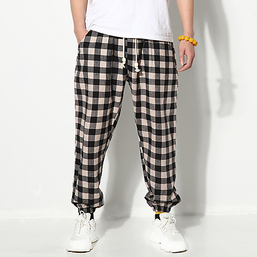 

Men's Simple Folk Style Chinos Pants Plaid Ankle-Length Khaki