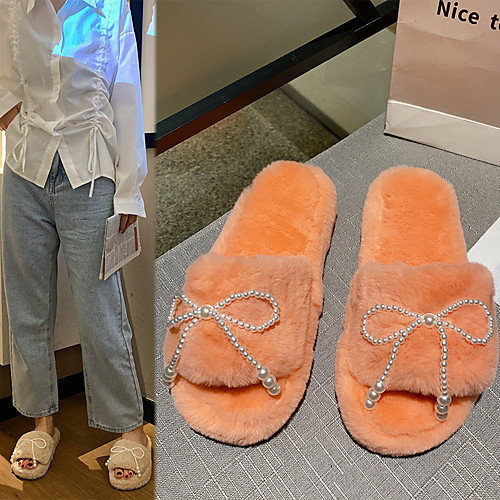 

Women's Slippers & Flip-Flops Flat Heel Round Toe Daily Home Cotton Bowknot Pearl Solid Colored Khaki Green Orange