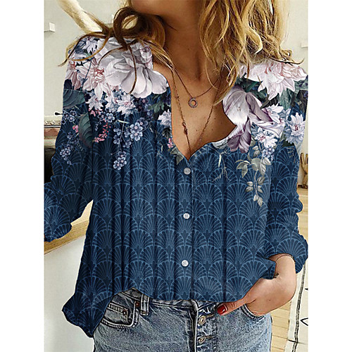 

Women's Floral Theme Blouse Shirt Floral Graphic Long Sleeve Button Print Shirt Collar Basic Tops Navy Blue