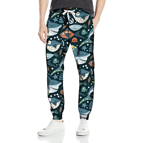 

Men's Fashion Athleisure Outdoor Sports Casual Daily Pants Sweatpants Pants Shark Full Length Drawstring Print Blue