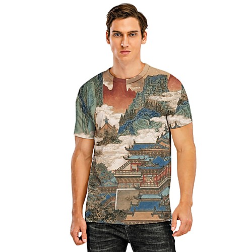 

Men's Tee T shirt Shirt 3D Print Graphic Graphic Prints Landscape 3D Print Short Sleeve Casual Tops Chinese Style Elegant Designer Comfortable Light Brown