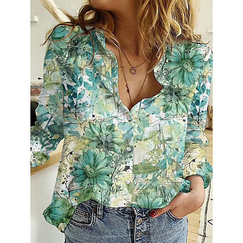 

Women's Floral Theme Blouse Shirt Floral Graphic Long Sleeve Button Print Shirt Collar Basic Tops Green