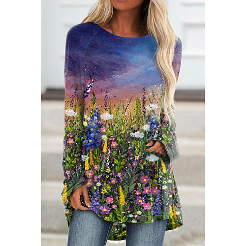 

Women's Floral Theme 3D Printed Painting T shirt Floral 3D Long Sleeve Print Round Neck Basic Tops Blue