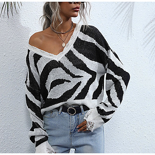 

Women's Stylish Stripe Striped Pullover Sweater Cotton Long Sleeve Sweater Cardigans V Neck Fall Winter White / Black