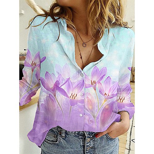 

Women's Floral Theme Blouse Shirt Floral Graphic Long Sleeve Button Print Shirt Collar Basic Tops Blue