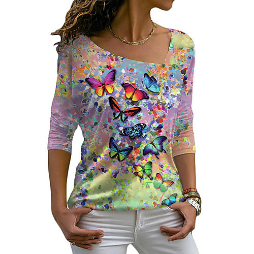 

Women's Butterfly Painting T shirt Butterfly Animal Long Sleeve Print V Neck Basic Tops Blushing Pink