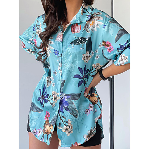 

Women's Floral Theme Blouse Shirt Floral Graphic Long Sleeve Asymmetric Button Print Shirt Collar Basic Streetwear Tops Blue White Red