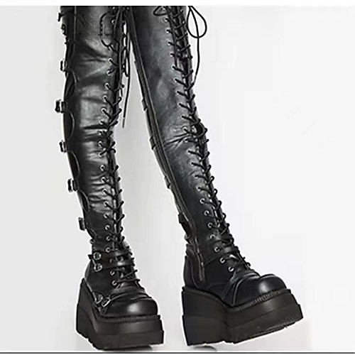 

Women's Boots Platform Round Toe Over The Knee Boots Daily PU Lace-up Solid Colored Black
