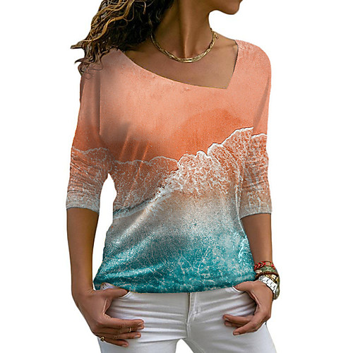 

Women's Abstract Painting T shirt Graphic Scenery Long Sleeve Print V Neck Basic Tops Orange
