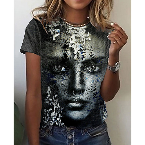 

Women's 3D Printed Portrait Painting T shirt 3D Portrait Print Round Neck Basic Tops Black