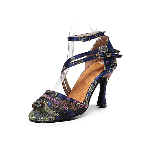 

Women's Latin Shoes Heel Satin Flower Flared Heel Peep Toe Blue Black Buckle Adults Adults' Retro