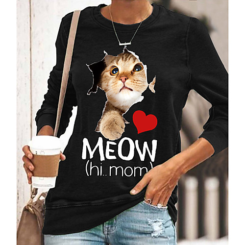 

Women's 3D Cat Painting T shirt Cat Heart 3D Long Sleeve Print Round Neck Basic Tops Cotton Blue Yellow Gray