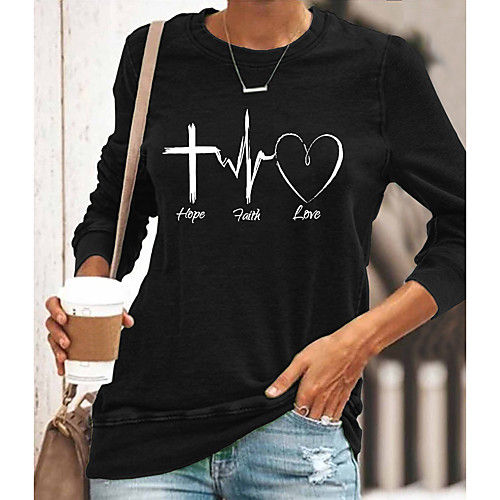 

Women's Painting T shirt Heart Text Long Sleeve Print Round Neck Basic Tops Cotton Blue Yellow Gray