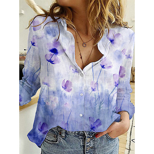 

Women's Floral Theme Blouse Shirt Floral Graphic Long Sleeve Button Print Shirt Collar Basic Tops Blue Purple Blushing Pink