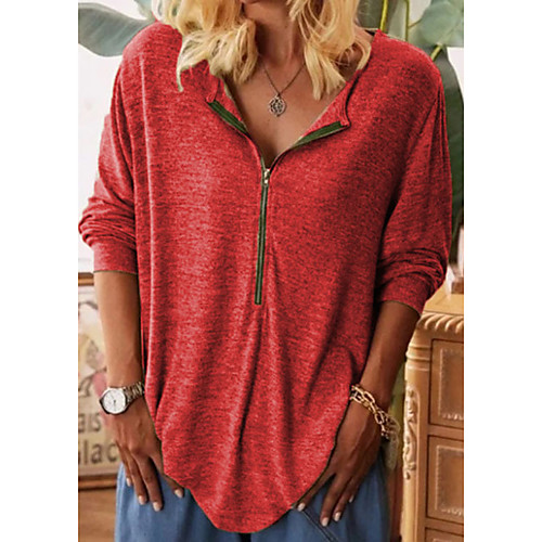 

Women's Blouse Shirt Plain Long Sleeve Quarter Zip Shirt Collar Basic Streetwear Tops Cotton Blue Khaki Red