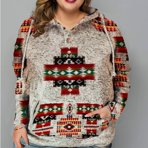 

Women's Plus Size Tops Hoodie Multi Color Square Pocket Long Sleeve Hooded Ethnic Casual Fall Spring Gray Big Size L XL XXL XXXL / Holiday