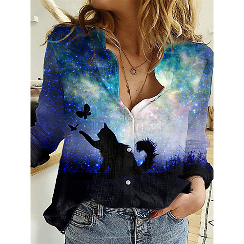 

Women's Butterfly 3D Cat Blouse Shirt Cat Butterfly 3D Long Sleeve Button Print Shirt Collar Basic Tops Blue Purple Green