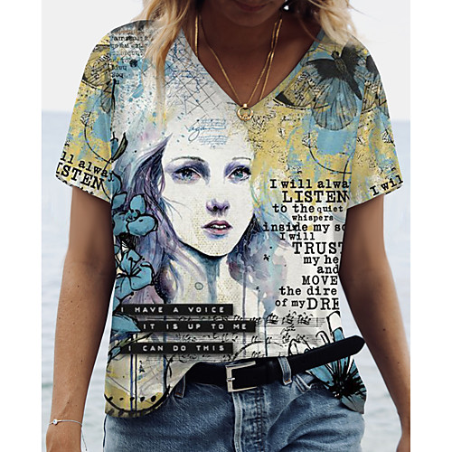 

Women's Abstract Painting T shirt Graphic Text Portrait Print V Neck Basic Tops Yellow