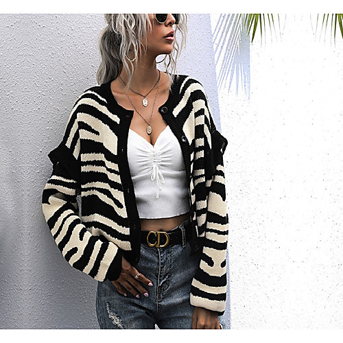 

Women's Stylish Ripped Striped Cardigan Cropped Sweater Cotton Long Sleeve Sweater Cardigans Crew Neck Winter Black
