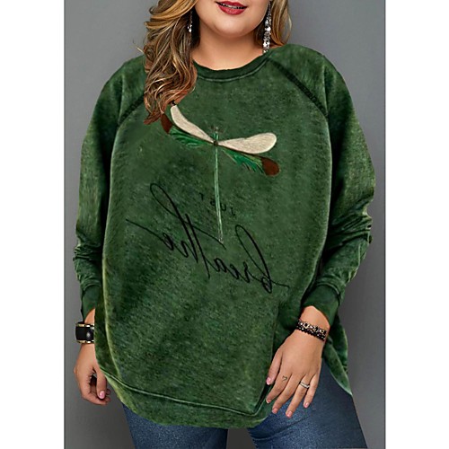 

Women's Plus Size Tops Hoodie Dragonfly Print Long Sleeve Round Neck Basic Casual Spring Summer Green Big Size L XL XXL 3XL 4XL
