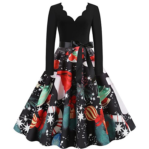 

Women's Swing Dress Midi Dress Black Long Sleeve Christmas Bowknot Print Spring Summer Deep V Elegant 2021 S M L XL 2XL 3XL