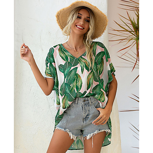 

Women's Floral Theme Blouse Shirt Floral Leaves Print V Neck Basic Streetwear Tops Yellow Green Red